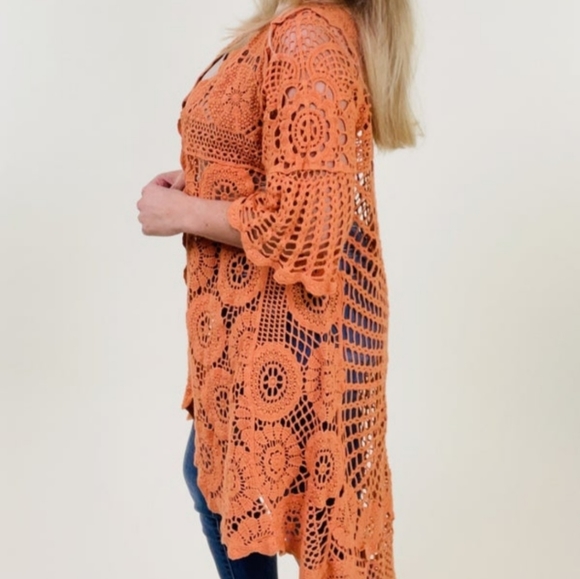 Women's OS Plus size Crochet kimono/cardigan in Rust - Picture 2 of 6